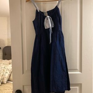 Lena Medoyeff raw silk dress in blue with light blue satin bow, size 2.